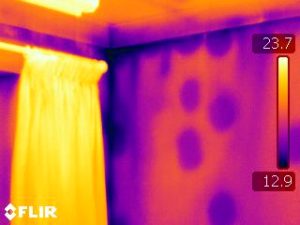 Thermal image of a dot and dabbed lounge wall, note that the dots are showing up as colder than the wall due to conduction through the adhesive, It is clear that ribands of adhesive were not used cold air is infiltrating at the top of the walls and over the edges of the ceiling. Mumerous other problems exist at the corner of the room.